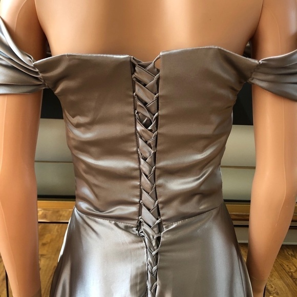 Off Shoulder Bridesmaid Prom Side Slit Satin Formal Evening with Pockets Dress - Picture 8 of 13